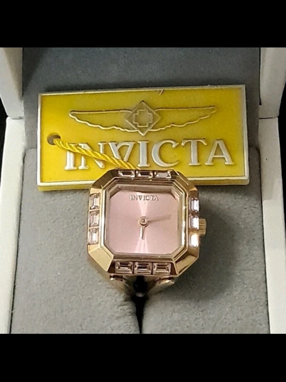 Invicta Rose Gold Tone Ring Watch with Pink Sunray Dial and Crystal Accents